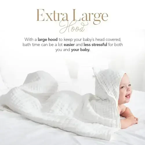 HardNok Muslin Hooded Baby Towel 4 Pack, Preuim Muslin 6 Layers Natural Cotton Baby Bath Towels, Soft and Comfortable for Boys,Girls (32 x 32, Blue Striped and White) - 3