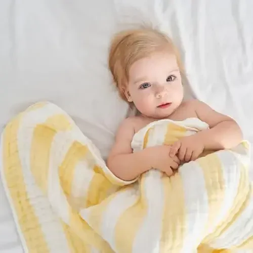 HardNok Muslin Hooded Baby Towel 4 Pack, Preuim Muslin 6 Layers Natural Cotton Baby Bath Towels, Soft and Comfortable for Boys,Girls (32 x 32, Yellow Striped and White) - 3