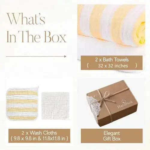 HardNok Muslin Hooded Baby Towel 4 Pack, Preuim Muslin 6 Layers Natural Cotton Baby Bath Towels, Soft and Comfortable for Boys,Girls (32 x 32, Yellow Striped and White) - 6