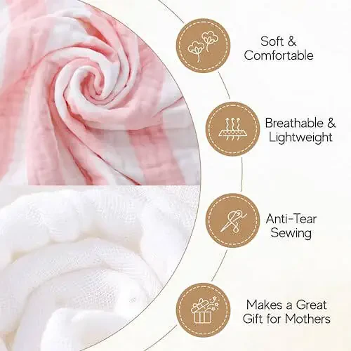 HardNok Muslin Hooded Baby Towel 4 Pack, Preuim Muslin 6 Layers Natural Cotton Baby Bath Towels, Soft and Comfortable for Boys,Girls (32x32,Pink Striped and White) - 34
