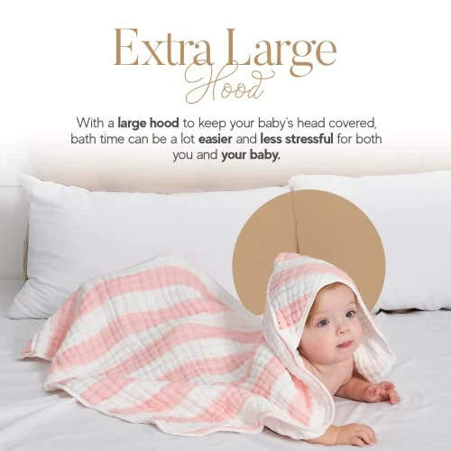HardNok Muslin Hooded Baby Towel 4 Pack, Preuim Muslin 6 Layers Natural Cotton Baby Bath Towels, Soft and Comfortable for Boys,Girls (32x32,Pink Striped and White) - 27