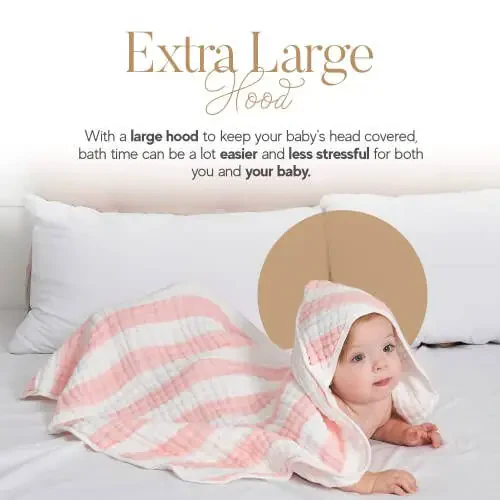 HardNok Muslin Hooded Baby Towel 4 Pack, Preuim Muslin 6 Layers Natural Cotton Baby Bath Towels, Soft and Comfortable for Boys,Girls (32x32,Pink Striped and White) - 9