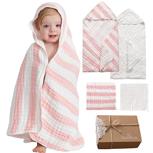 HardNok Muslin Hooded Baby Towel 4 Pack, Preuim Muslin 6 Layers Natural Cotton Baby Bath Towels, Soft and Comfortable for Boys,Girls (32x32,Pink Striped and White) - HardNok