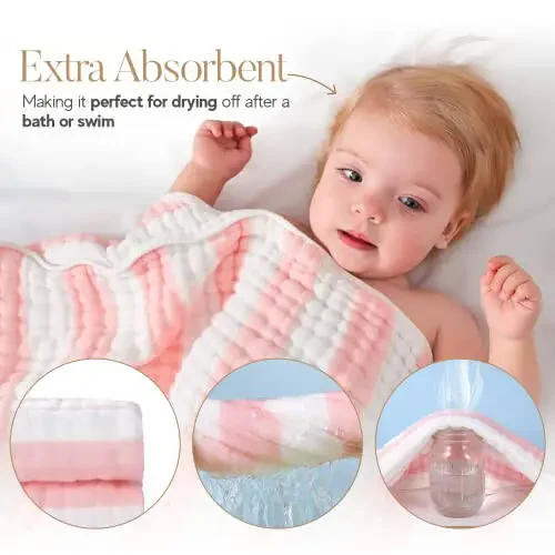 HardNok Muslin Hooded Baby Towel 4 Pack, Preuim Muslin 6 Layers Natural Cotton Baby Bath Towels, Soft and Comfortable for Boys,Girls (32x32,Pink Striped and White) - 2