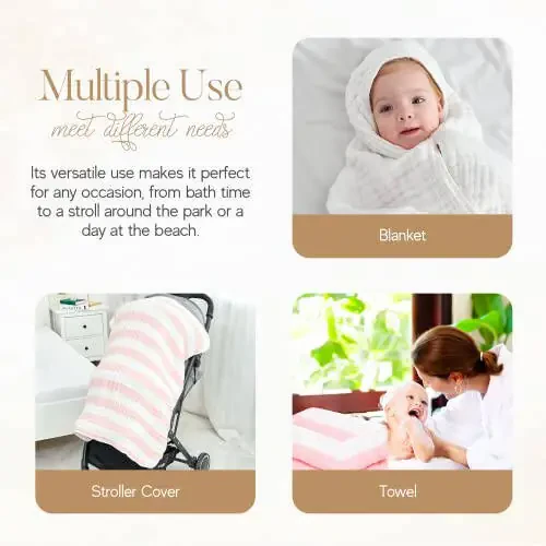 HardNok Muslin Hooded Baby Towel 4 Pack, Preuim Muslin 6 Layers Natural Cotton Baby Bath Towels, Soft and Comfortable for Boys,Girls (32x32,Pink Striped and White) - 6