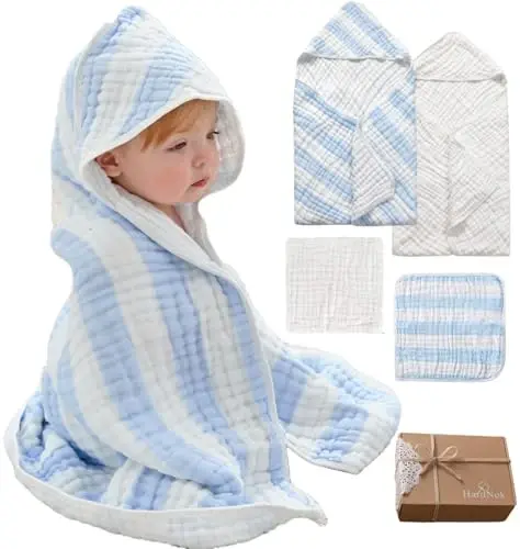 HardNok Muslin Hooded Baby Towel 4 Pack, Preuim Muslin 6 Layers Natural Cotton Baby Bath Towels, Soft and Comfortable for Boys,Girls (32 x 32, Blue Striped and White) - 1