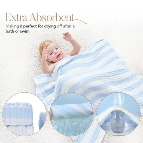 HardNok Muslin Hooded Baby Towel 4 Pack, Preuim Muslin 6 Layers Natural Cotton Baby Bath Towels, Soft and Comfortable for Boys,Girls (32 x 32, Blue Striped and White) - HARDNOK (1)