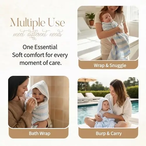 HardNok Muslin Hooded Baby Towel 4 Pack, Preuim Muslin 6 Layers Natural Cotton Baby Bath Towels, Soft and Comfortable for Boys,Girls (32 x 32, Blue Striped and White) - 5