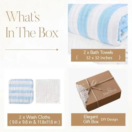 HardNok Muslin Hooded Baby Towel 4 Pack, Preuim Muslin 6 Layers Natural Cotton Baby Bath Towels, Soft and Comfortable for Boys,Girls (32 x 32, Blue Striped and White) - 6