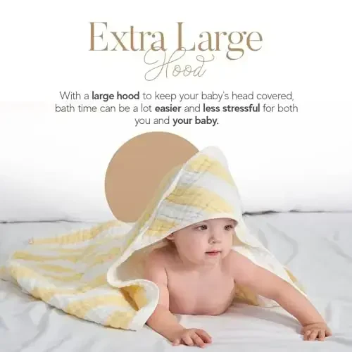 HardNok Muslin Hooded Baby Towel 4 Pack, Preuim Muslin 6 Layers Natural Cotton Baby Bath Towels, Soft and Comfortable for Boys,Girls (32 x 32, Yellow Striped and White) - HARDNOK (1)