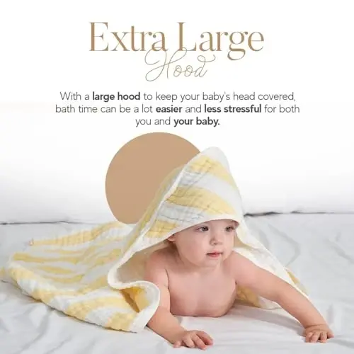 HardNok Muslin Hooded Baby Towel 4 Pack, Preuim Muslin 6 Layers Natural Cotton Baby Bath Towels, Soft and Comfortable for Boys,Girls (32 x 32, Yellow Striped and White) - 2