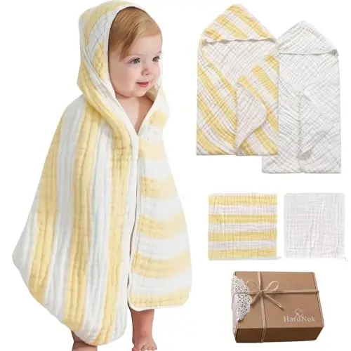 HardNok Muslin Hooded Baby Towel 4 Pack, Preuim Muslin 6 Layers Natural Cotton Baby Bath Towels, Soft and Comfortable for Boys,Girls (32 x 32, Yellow Striped and White) 