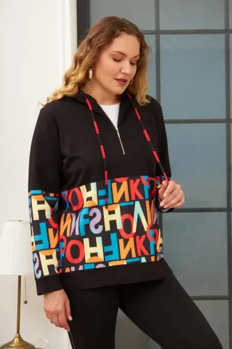Harf Baskılı Büyük Beden Siyah Sweatshirt - 2