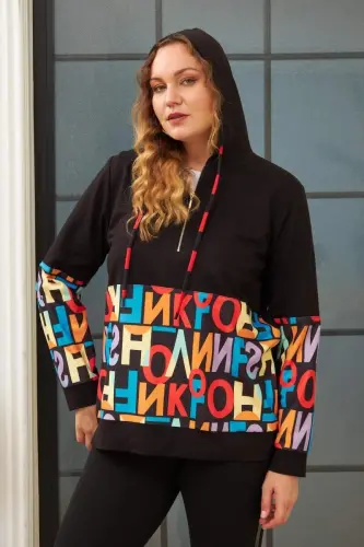 Harf Baskılı Büyük Beden Siyah Sweatshirt - 3