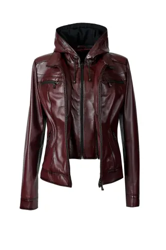 Harper Kadın Çıkma Deri Kapüşonlu Slimfit Gerçek Deri Mont Bordo-BORDO 