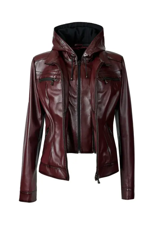 Harper Kadın Çıkma Deri Kapüşonlu Slimfit Gerçek Deri Mont Bordo-BORDO - 1