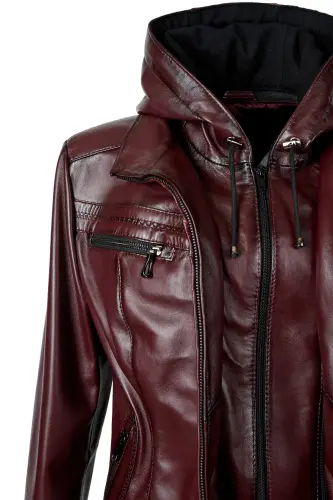 Harper Kadın Çıkma Deri Kapüşonlu Slimfit Gerçek Deri Mont Bordo-BORDO - 2