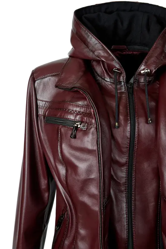Harper Kadın Çıkma Deri Kapüşonlu Slimfit Gerçek Deri Mont Bordo-BORDO - 2