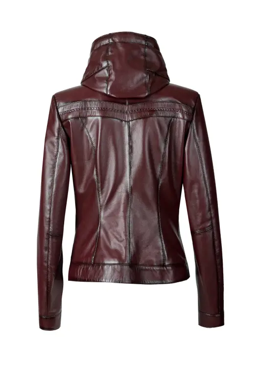 Harper Kadın Çıkma Deri Kapüşonlu Slimfit Gerçek Deri Mont Bordo-BORDO - 3