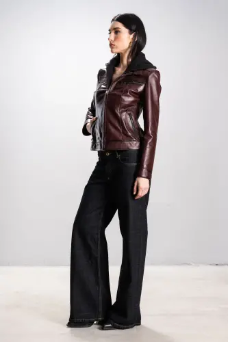 Harper Kadın Çıkma Deri Kapüşonlu Slimfit Gerçek Deri Mont Bordo-BORDO - 7