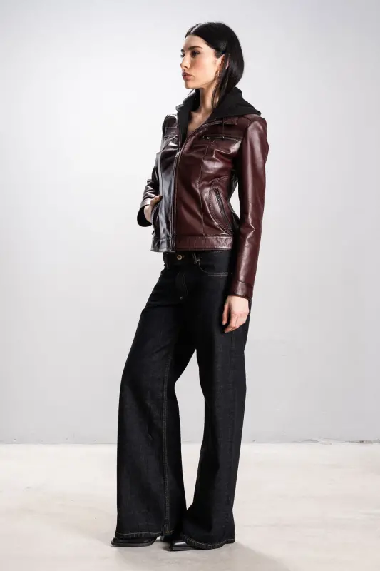 Harper Kadın Çıkma Deri Kapüşonlu Slimfit Gerçek Deri Mont Bordo-BORDO - 7