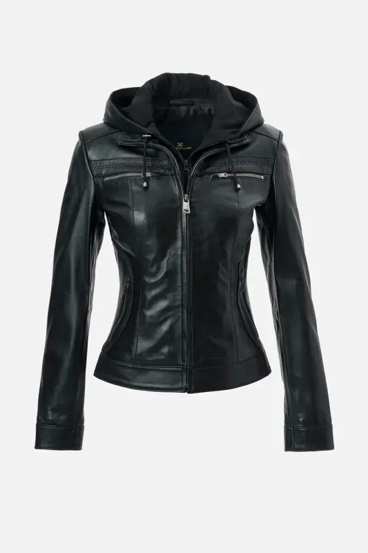 Harper Kadın Çıkma Deri Kapüşonlu Slimfit Gerçek Deri Mont SİYAH-SİYAH - 1