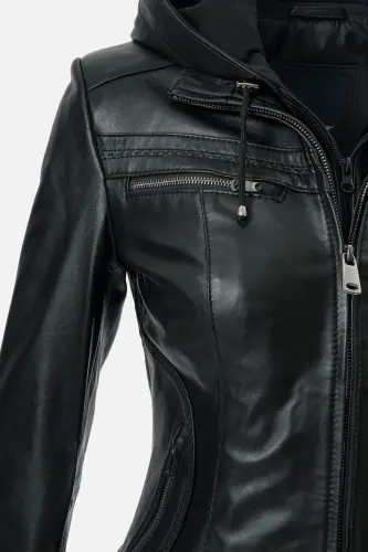 Harper Kadın Çıkma Deri Kapüşonlu Slimfit Gerçek Deri Mont SİYAH-SİYAH - 2