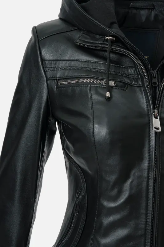 Harper Kadın Çıkma Deri Kapüşonlu Slimfit Gerçek Deri Mont SİYAH-SİYAH - 2