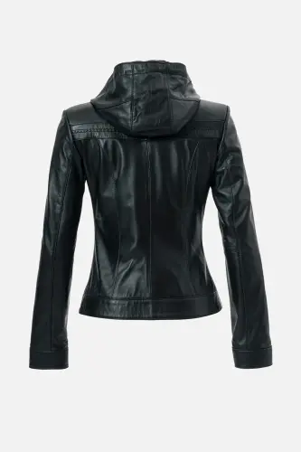 Harper Kadın Çıkma Deri Kapüşonlu Slimfit Gerçek Deri Mont SİYAH-SİYAH - 3