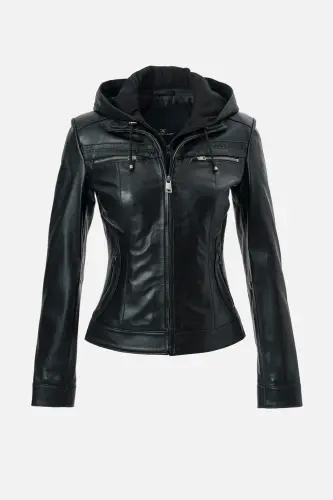 Harper Kadın Çıkma Deri Kapüşonlu Slimfit Gerçek Deri Mont SİYAH-SİYAH - 1