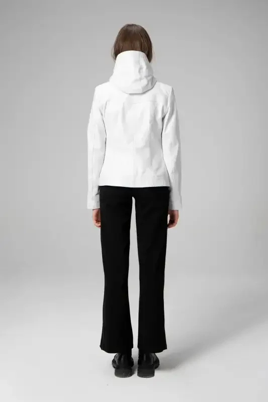 Harper Kadın Çıkma Deri Kapüşonlu Slimfit Gerçek Deri Mont Beyaz-BEYAZ - 5