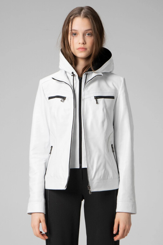 Harper Women's Hooded Slim Fit Genuine Leather Jacket White - DERICLUB