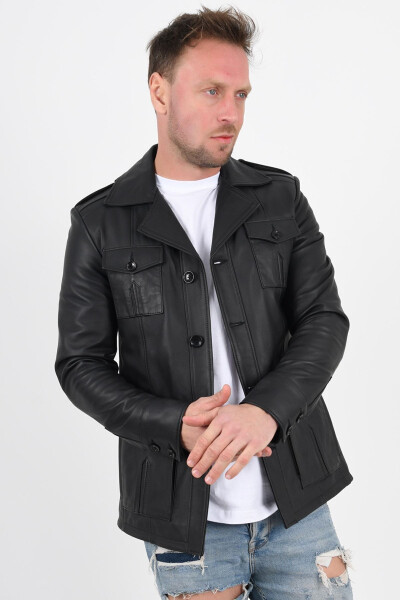 Harrison Genuine Leather Men's Black Safari Leather Jacket - 1