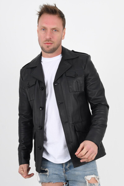 Harrison Genuine Leather Men's Black Safari Leather Jacket - 2