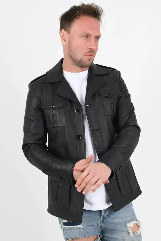 Harrison Genuine Leather Men's Black Safari Leather Jacket - 3
