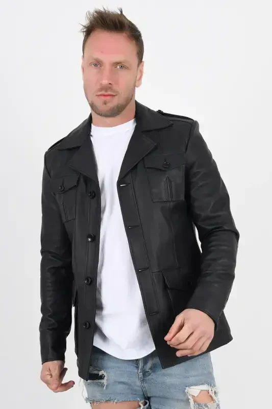 Harrison Genuine Leather Men's Black Safari Leather Jacket - 4