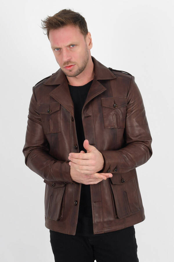 Harrison Genuine Leather Men's Wax Coffee Safari Leather Jacket - 1