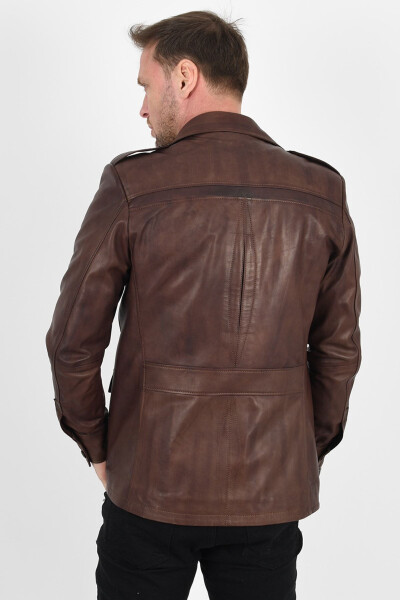 Harrison Genuine Leather Men's Wax Coffee Safari Leather Jacket - 3