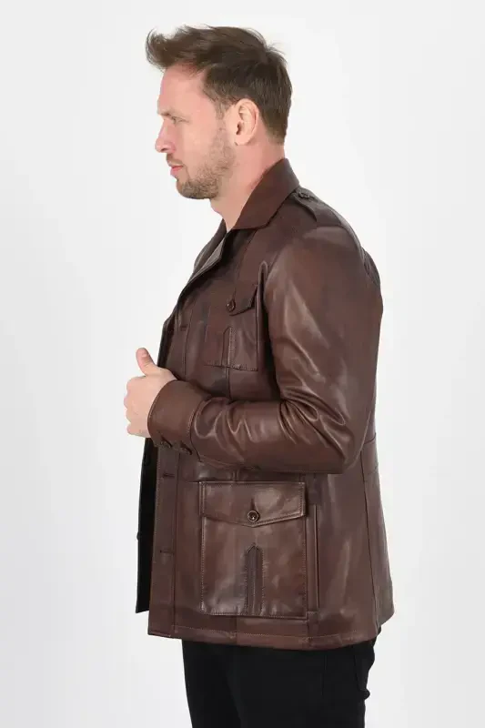 Harrison Genuine Leather Men's Wax Coffee Safari Leather Jacket - 2