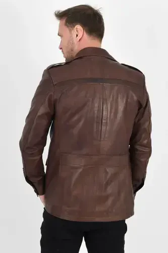 Harrison Genuine Leather Men's Wax Coffee Safari Leather Jacket - 4