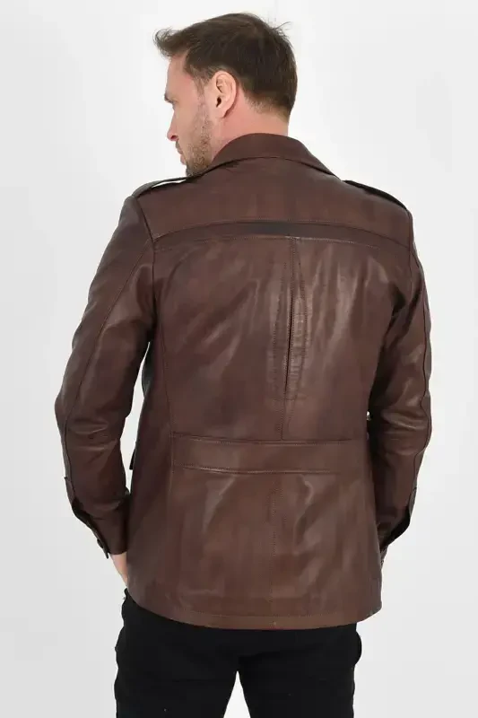 Harrison Genuine Leather Men's Wax Coffee Safari Leather Jacket - 4