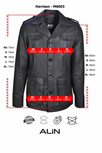 Harrison Erkek Siyah Safari Hakiki Deri Ceket Beden Ölçüleri Görselde-Siyah - 5