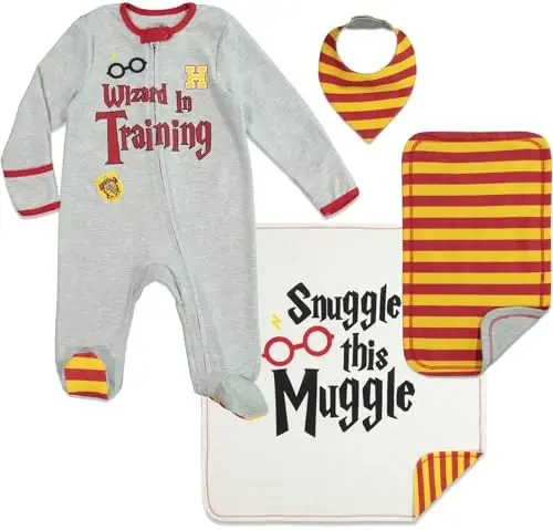 Harry Potter Baby Zip Up Sleep N' Play Coverall Headband Burp Cloth and Blanket 4 Piece Outfit Set Newborn - BENTEX GROUP, INC.