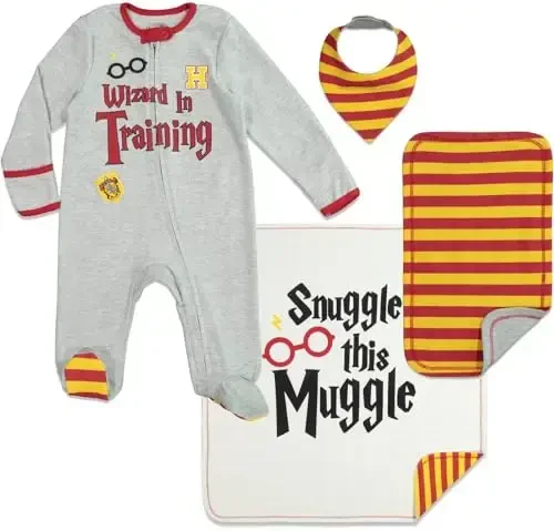 Harry Potter Baby Zip Up Sleep N' Play Coverall Headband Burp Cloth and Blanket 4 Piece Outfit Set Newborn - 1