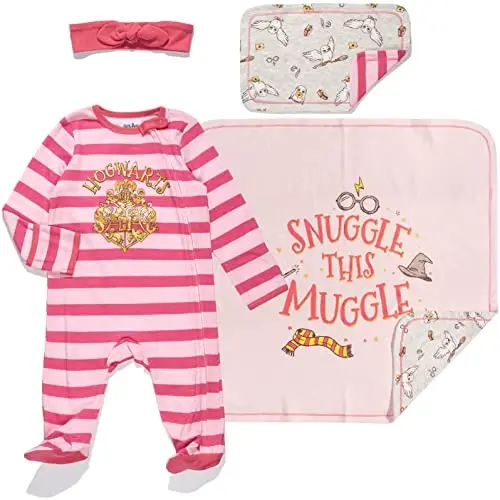Harry Potter Baby Zip Up Sleep N' Play Coverall Headband Burp Cloth and Blanket 4 Piece Outfit Set Newborn - 1