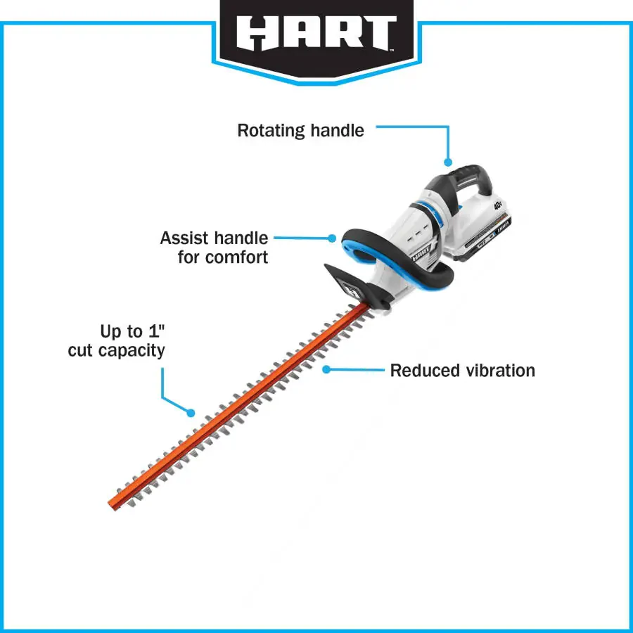 HART 40-Volt 24-inch Cordless Hedge Trimmer Kit, (1) 2.5Ah Lithium-Ion Battery - 66