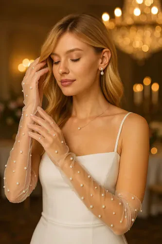 Hashamatli marvaridli kelin kostyumi uchun to'y muxlisasi maxsus kechalar uchun oq uzun tul muxlisasi - ELEGANCE SCARF