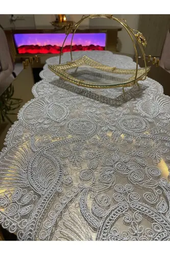 Hashamatli Runner Zal Mehmonxona Stoli Usti Stol Yopqichi Fransiz Gipurli Chayzlik (KULRANG) 1 dona Yangi Runner (133X45CM) - 10