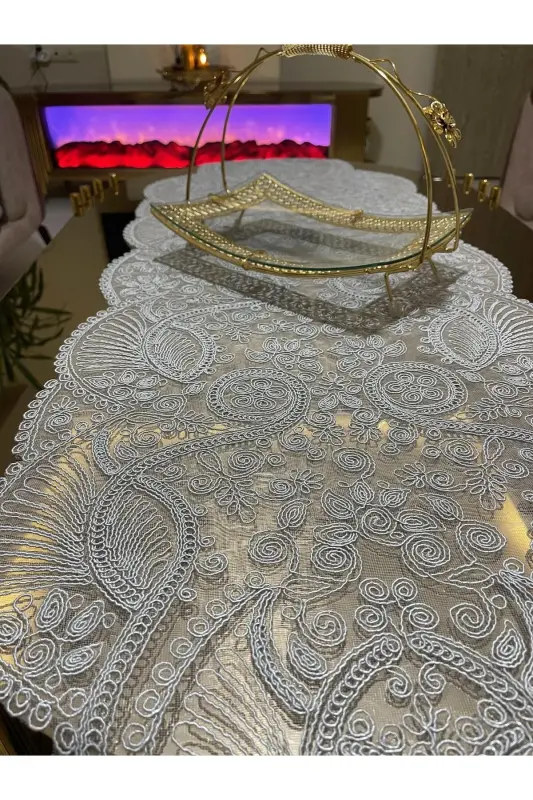 Hashamatli Runner Zal Mehmonxona Stoli Usti Stol Yopqichi Fransiz Gipurli Chayzlik (KULRANG) 1 dona Yangi Runner (133X45CM) - 10