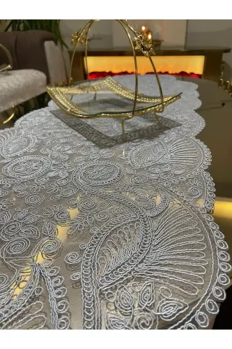 Hashamatli Runner Zal Mehmonxona Stoli Usti Stol Yopqichi Fransiz Gipurli Chayzlik (KULRANG) 1 dona Yangi Runner (133X45CM) - 12